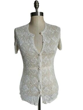 Hand Crocheted Open Knit Short Sleeve Cream Cardigan | SZ L
